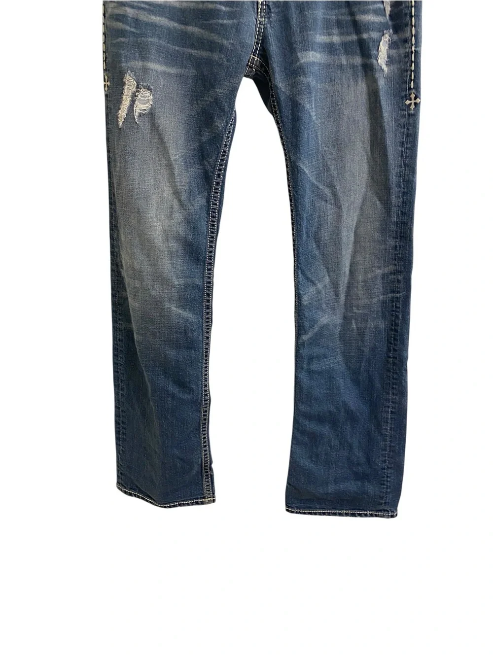 AFFLICTION COOPER JEANS MENS SIZE 30 90’s THICK STITCHING WHISKERED GRUNGE Y2K
